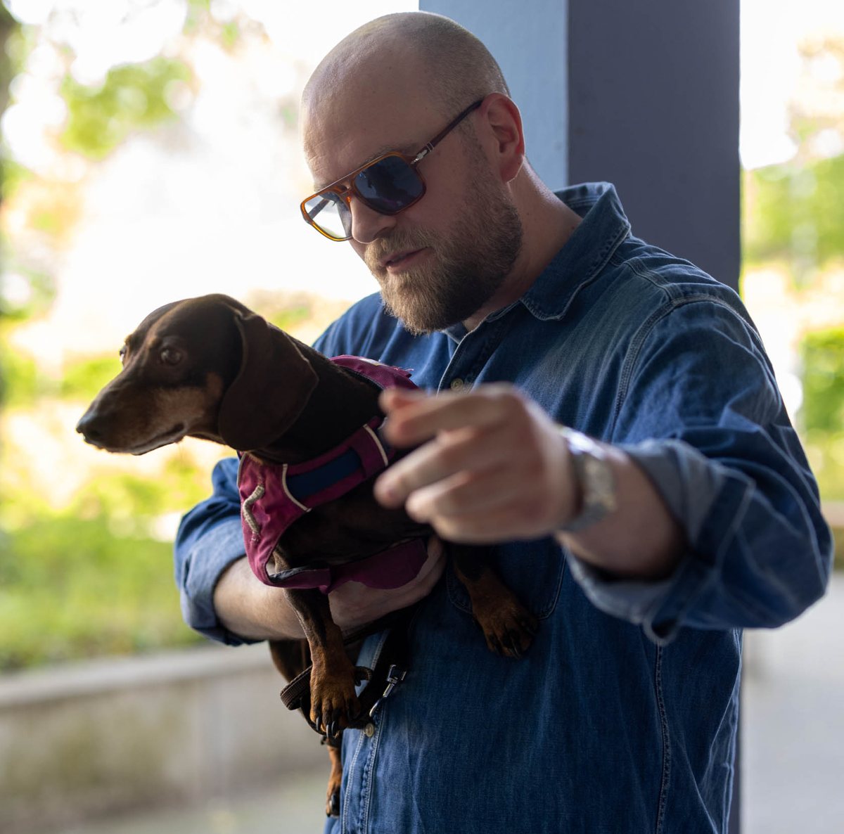 Lehrer mit Hund auf dem Schulgelände